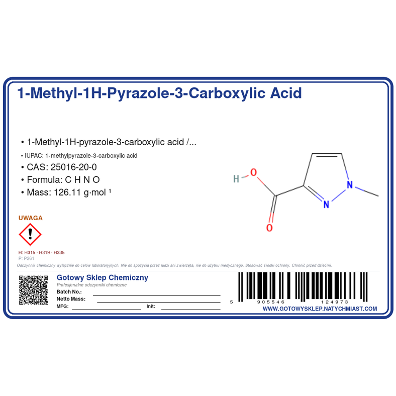 1-Methyl-1H-pyrazole-3-carboxylic acid, CAS 25016-20-0 — etykieta produktu chemicznego